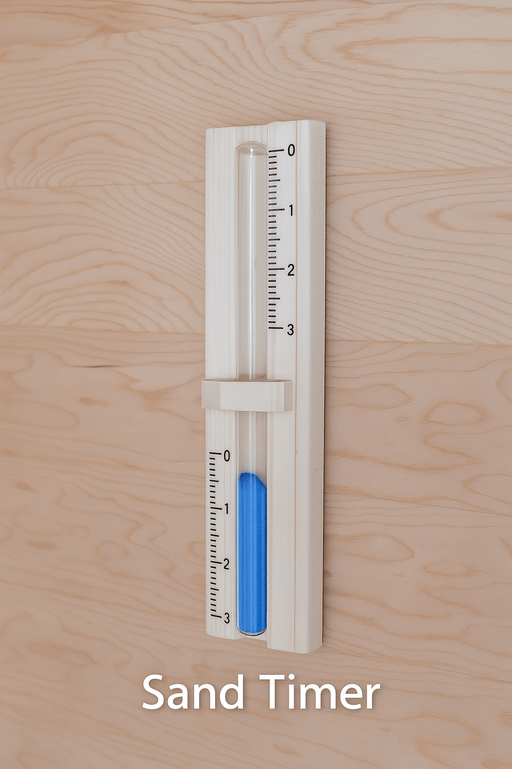 Wooden sand timer for measuring time in a 3-person outdoor sauna by SunRay