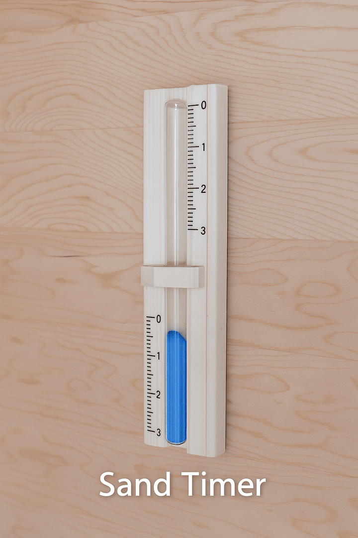 Wooden sand timer for measuring time in a 3-person outdoor sauna by SunRay