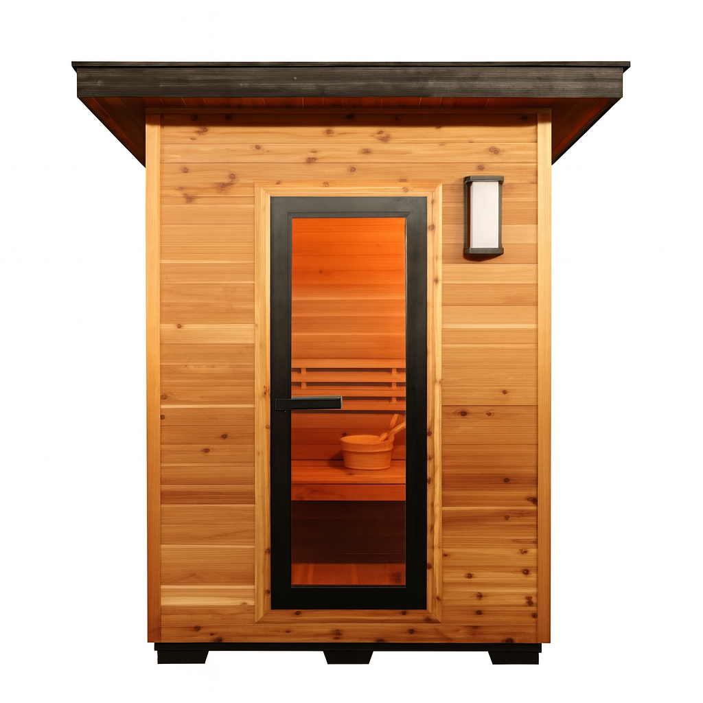 SunRay traditional 3-person outdoor sauna made of natural wood with glass door and interior bench