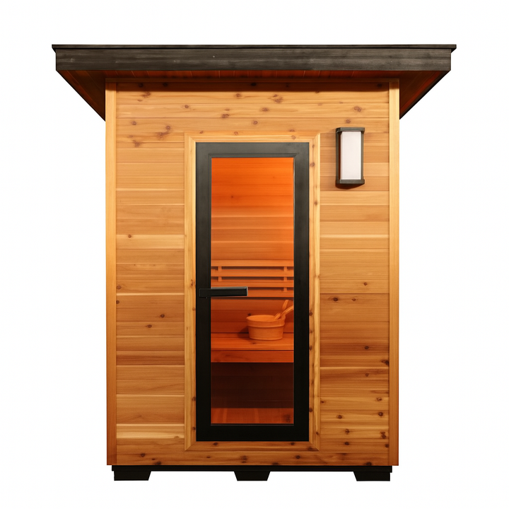 SunRay traditional 3-person outdoor sauna made of natural wood with glass door and interior bench