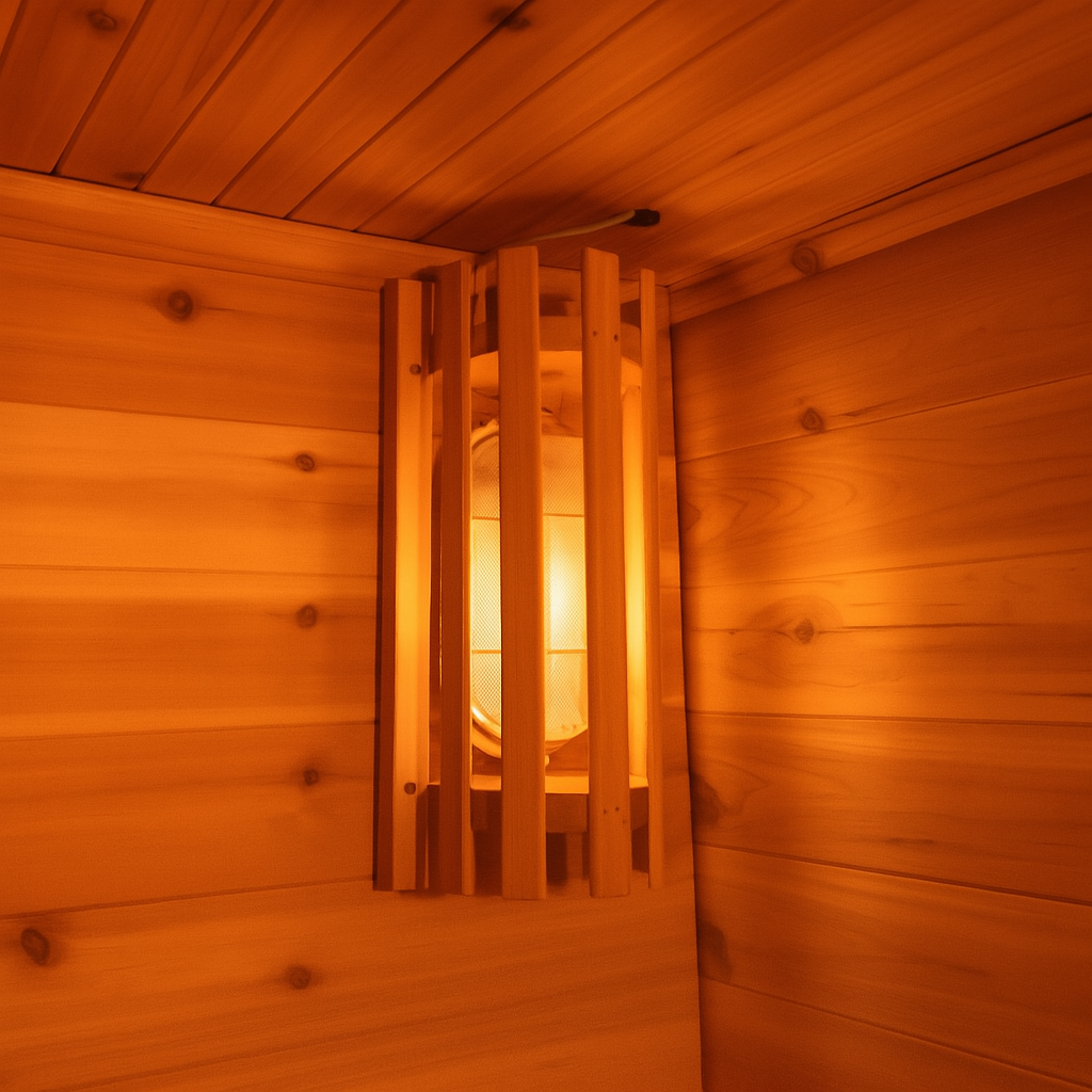 Warm wooden interior detail of SunRay 3-person outdoor sauna with protective light fixture