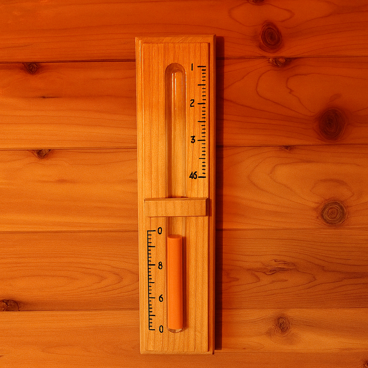 Wooden thermometer and humidity gauge mounted on interior wooden wall of SunRay 3-person outdoor sauna