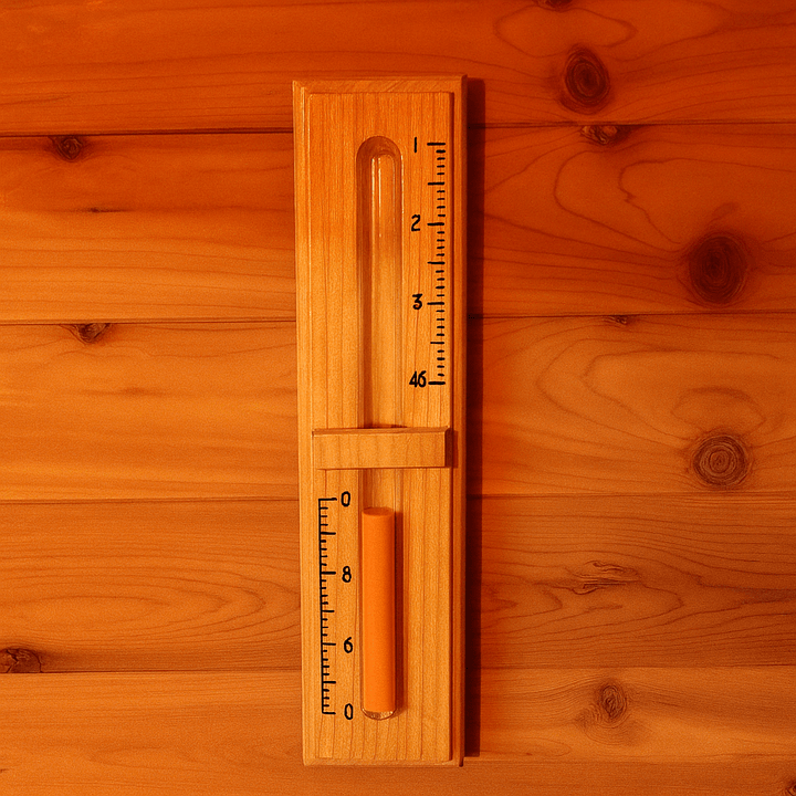 Wooden thermometer and hygrometer in a traditional sauna for a 3-person outdoor sauna