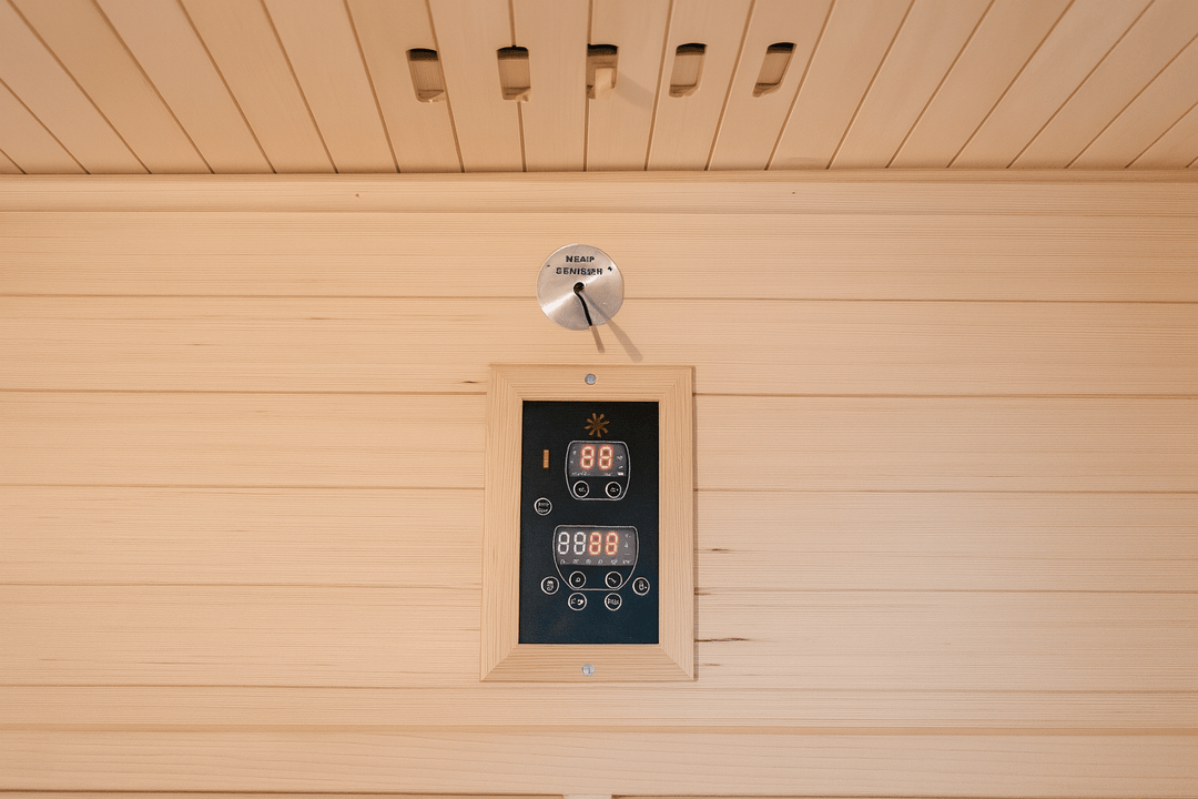Control panel of a SunRay 3-person traditional sauna with digital display and timer features