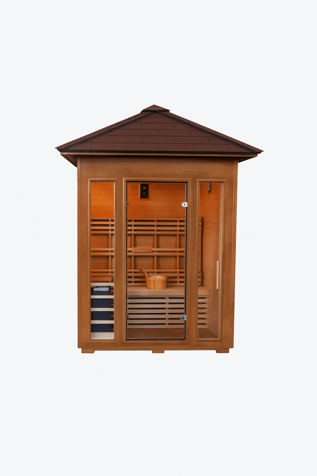 SunRay 3-person traditional sauna with wooden design and large glass front for relaxing sessions