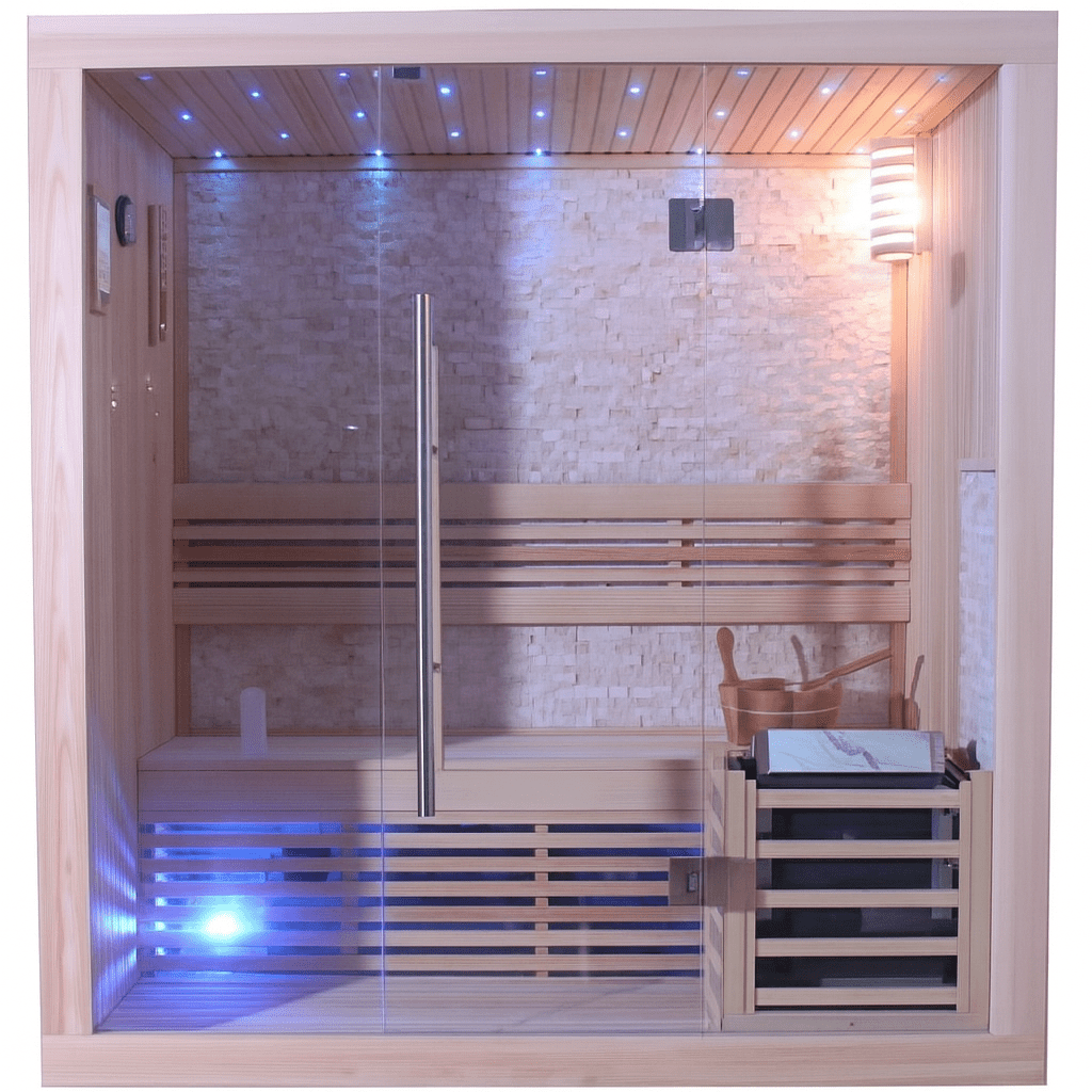 SunRay 3-person traditional sauna with wooden interior and stylish lighting for relaxation