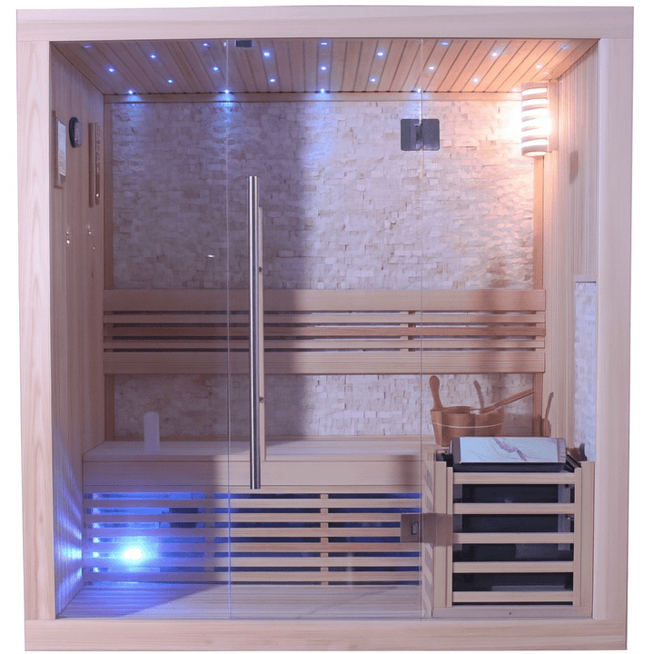 SunRay 3-person traditional sauna with wooden interior and stylish lighting for relaxation