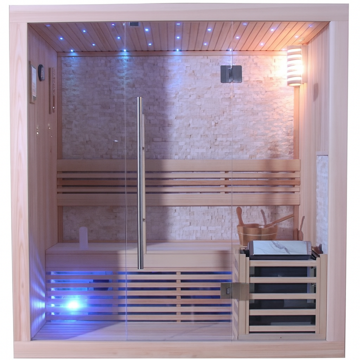 SunRay 3-person traditional sauna with wooden interior and blue LED ceiling lights