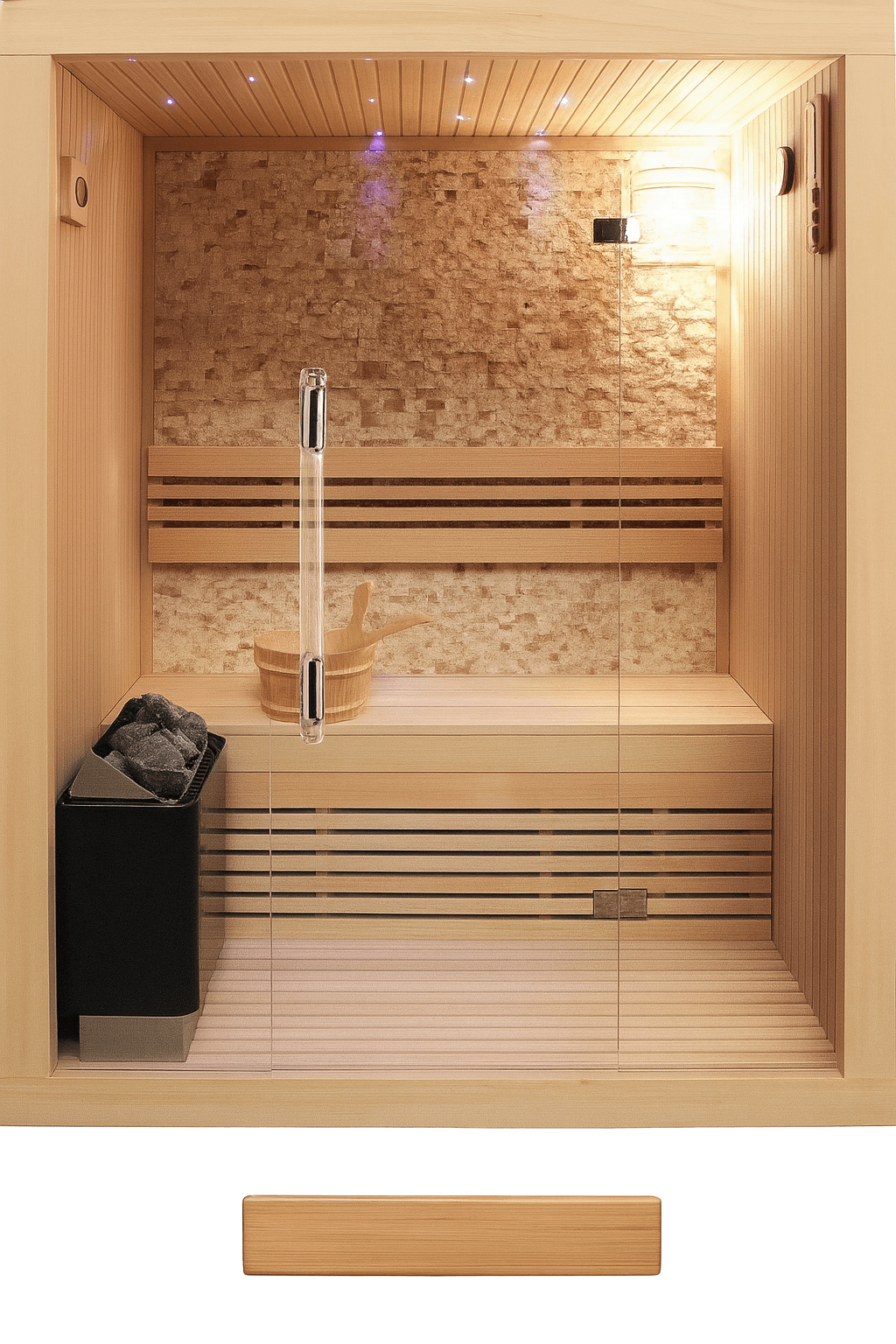 SunRay 3-person traditional sauna featuring natural wood construction and modern lighting