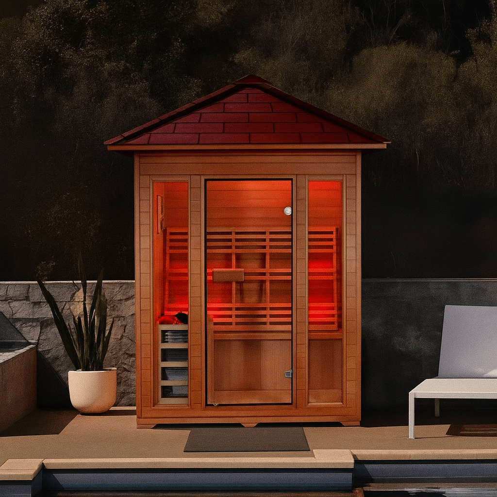SunRay 3-person traditional sauna with a wooden design and red roof for home relaxation.