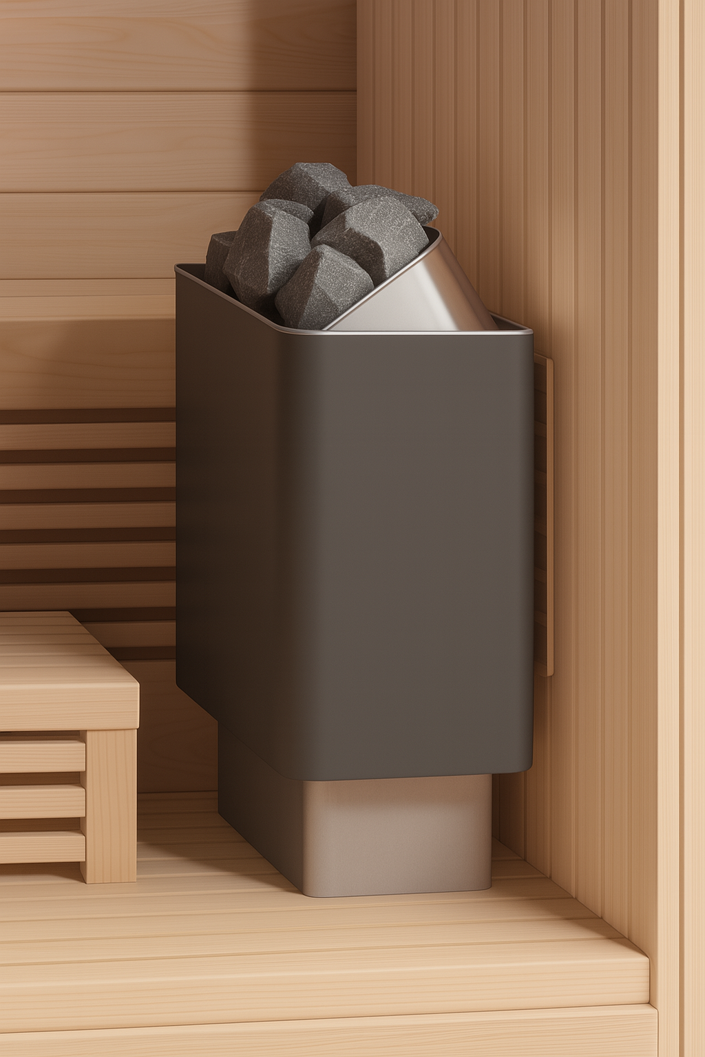 SunRay 3-person traditional sauna heater with sauna stones inside wooden sauna interior