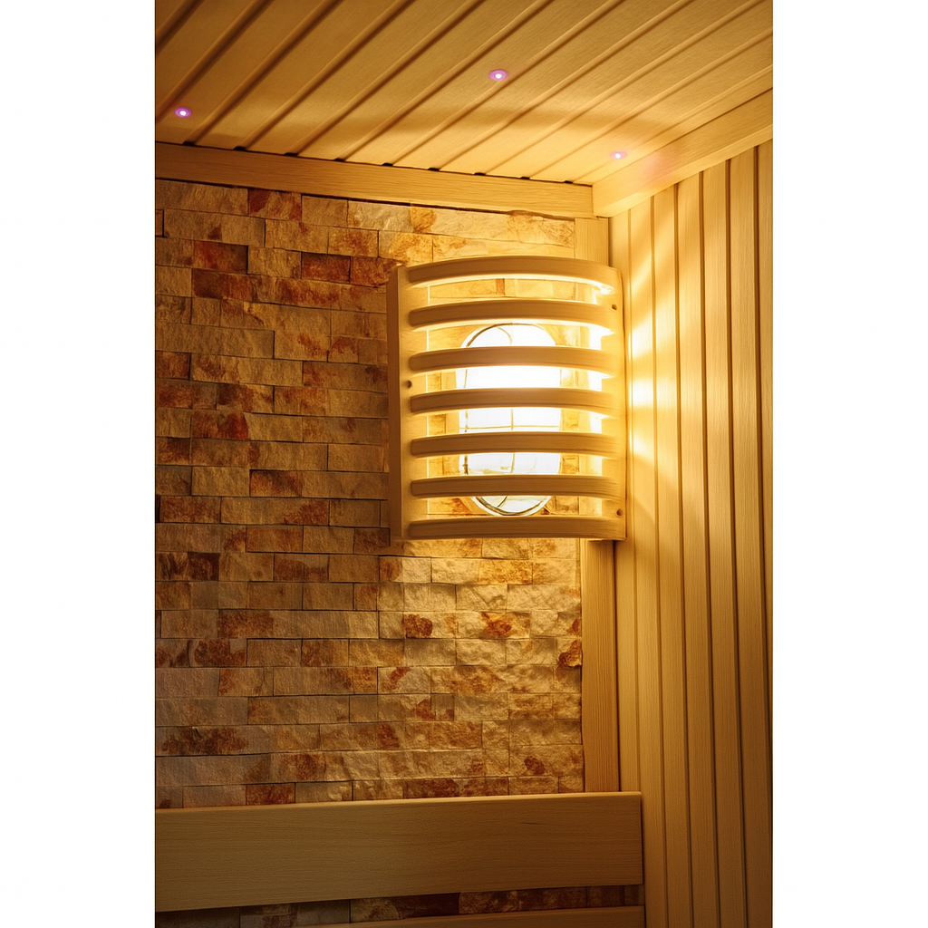 SunRay 3-person traditional sauna interior showing wooden walls and warm light fixture