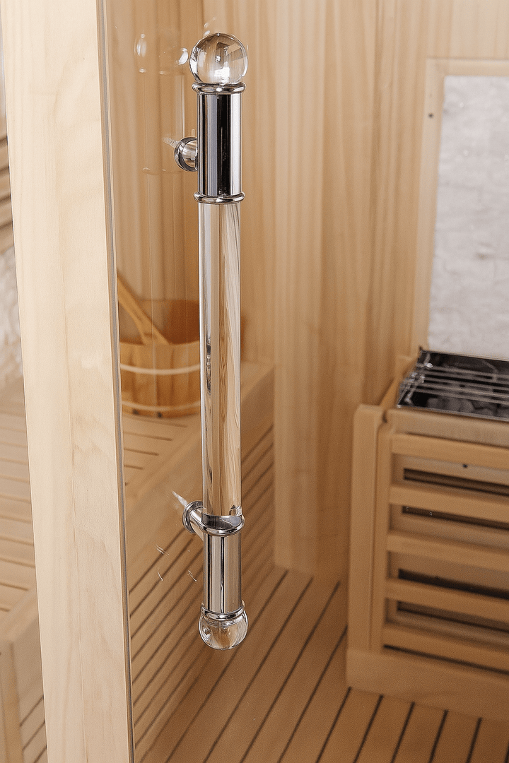 Interior view of a SunRay 3-person traditional sauna with sleek glass handle and wooden features