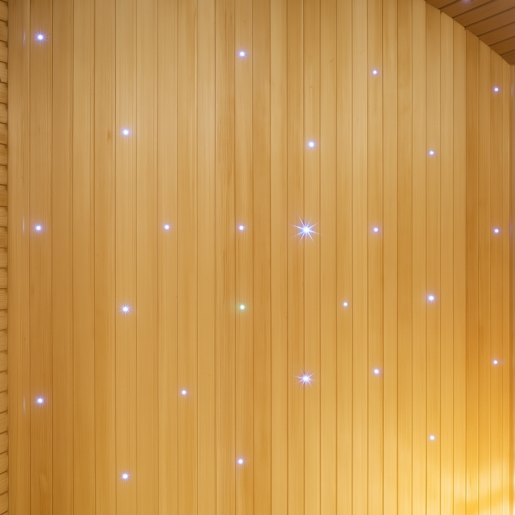 Interior view of SunRay 3-person traditional sauna with wooden paneling and soft ambient lighting