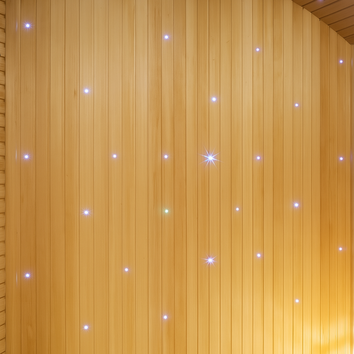 Interior view of SunRay 3-person traditional sauna with wooden paneling and soft ambient lighting