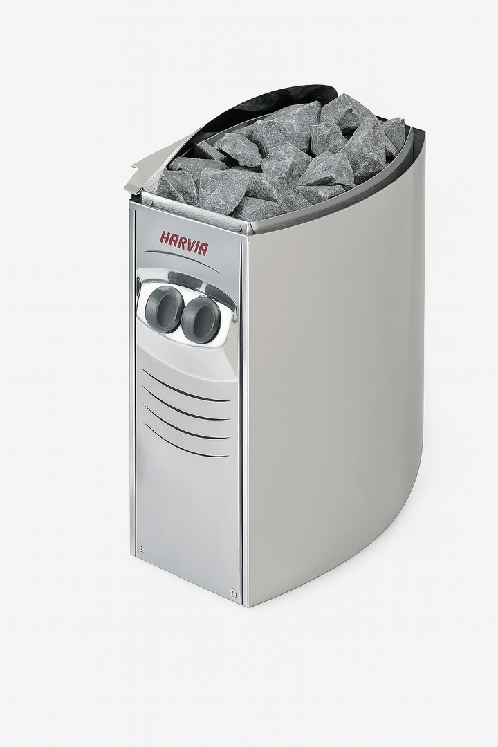 Harvia sauna heater with stones, designed for 3-person traditional sauna use for optimal relaxation