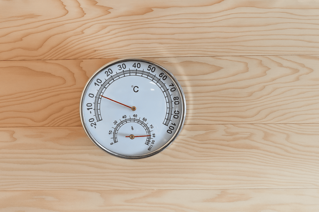 Thermometer in SunRay 3-person traditional sauna showing temperature for optimal sauna experience
