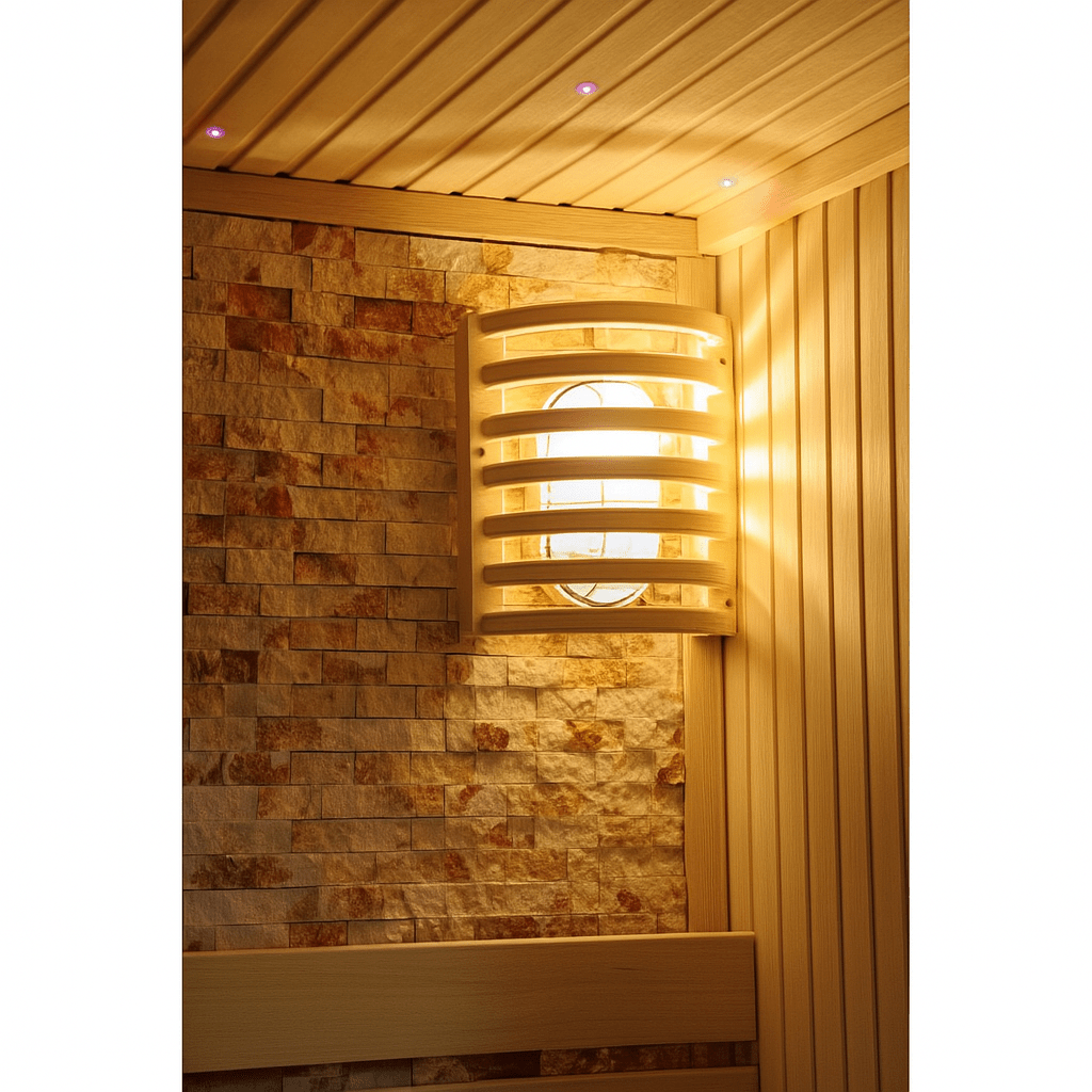 Cozy interior of a SunRay 3-person traditional sauna featuring soft lighting and natural wood accents