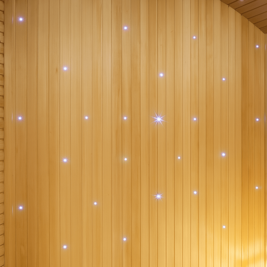 Interior view of a SunRay 3-person traditional sauna with warm wooden panels and ambient lighting