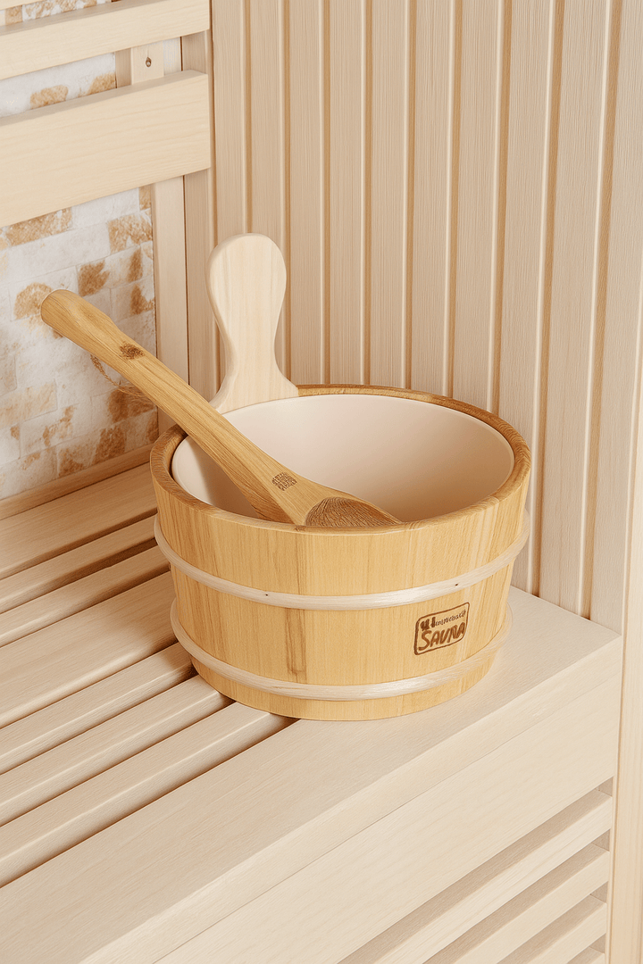 Bamboo bucket and scoop in a traditional sauna setting, ideal for a 3-person traditional sauna experience