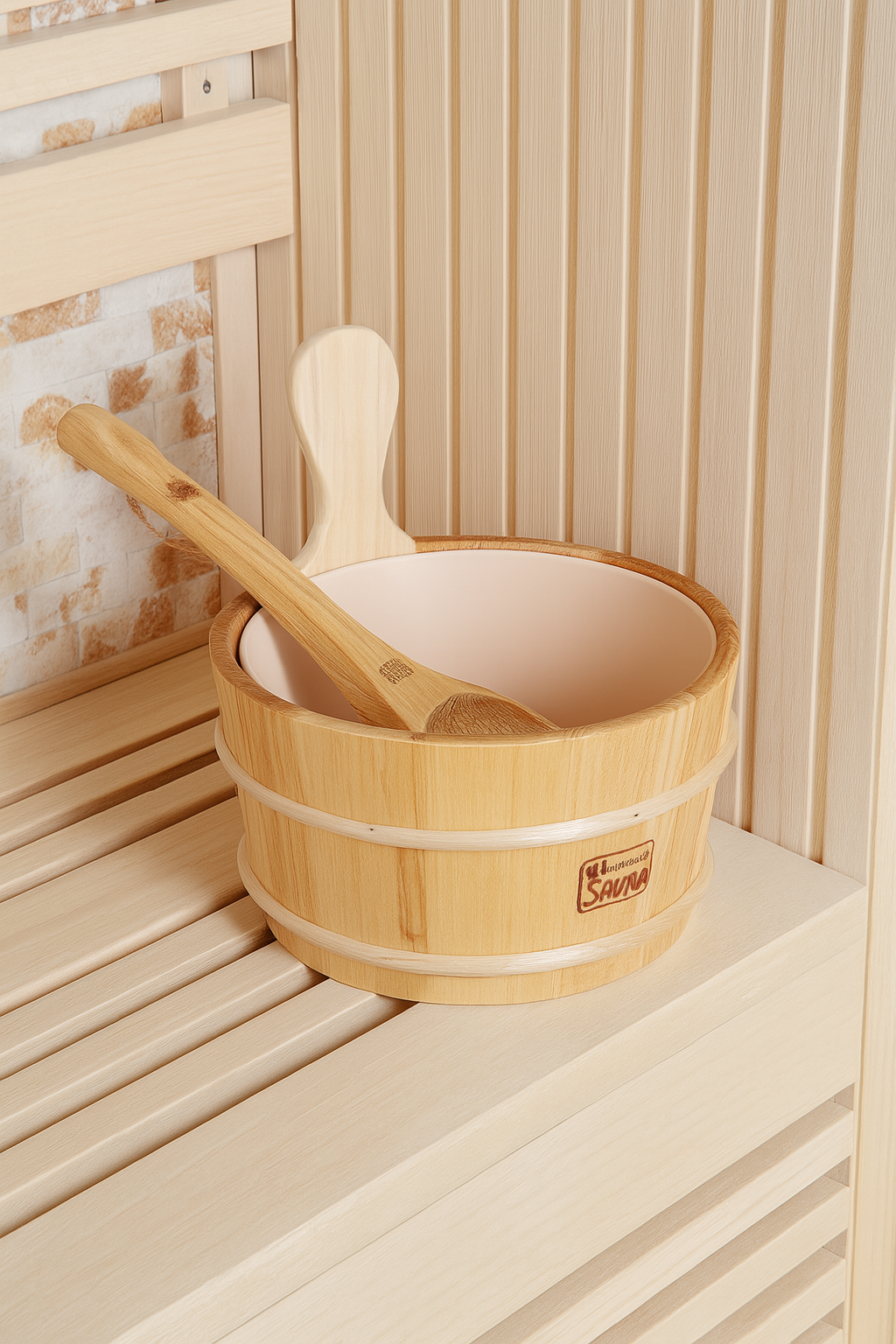 Wooden bucket and ladle inside a 3-person traditional sauna by SunRay with light wood interior