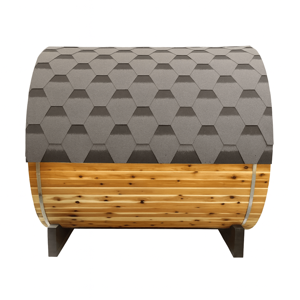 SunRay 4-person barrel sauna with a unique hexagonal roof and natural wood design for relaxation