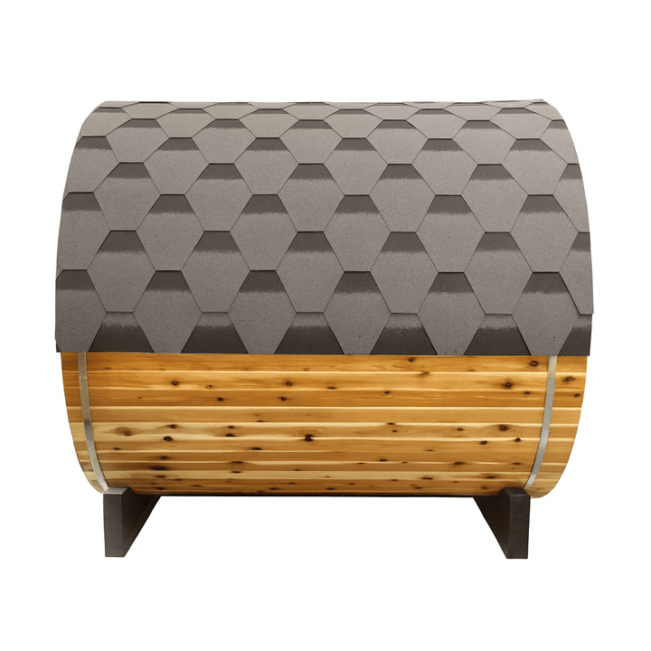 SunRay 4-person barrel sauna with a unique hexagonal roof and natural wood design for relaxation