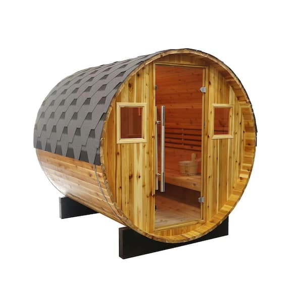 SunRay 4-person barrel sauna featuring natural wood exterior and spacious interior for relaxation