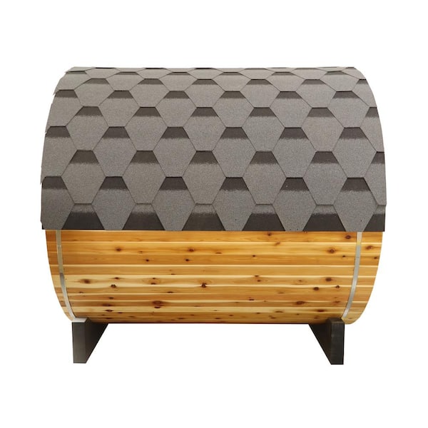 SunRay 4-person barrel sauna featuring a hexagonal roof design and natural wood finish