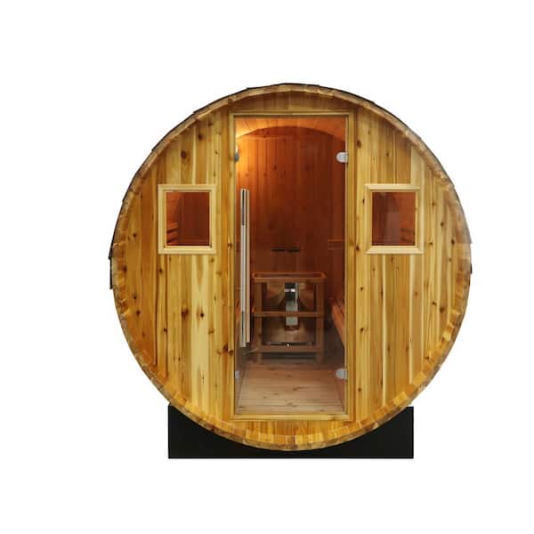 SunRay 4-person barrel sauna made of cedar wood with large entry door and two windows
