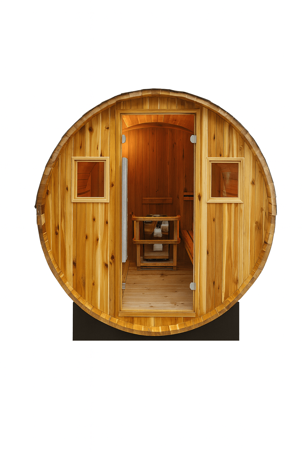 SunRay 4-person barrel sauna made from natural wood with spacious interior and windows