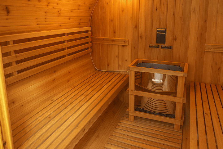 SunRay 4-person barrel sauna interior with wooden benches and heater for relaxing spa experience