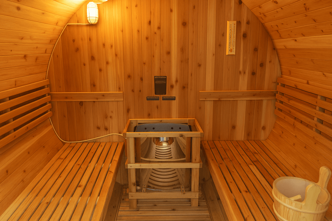 Interior of a SunRay 4-person barrel sauna with wooden benches and a steam heater