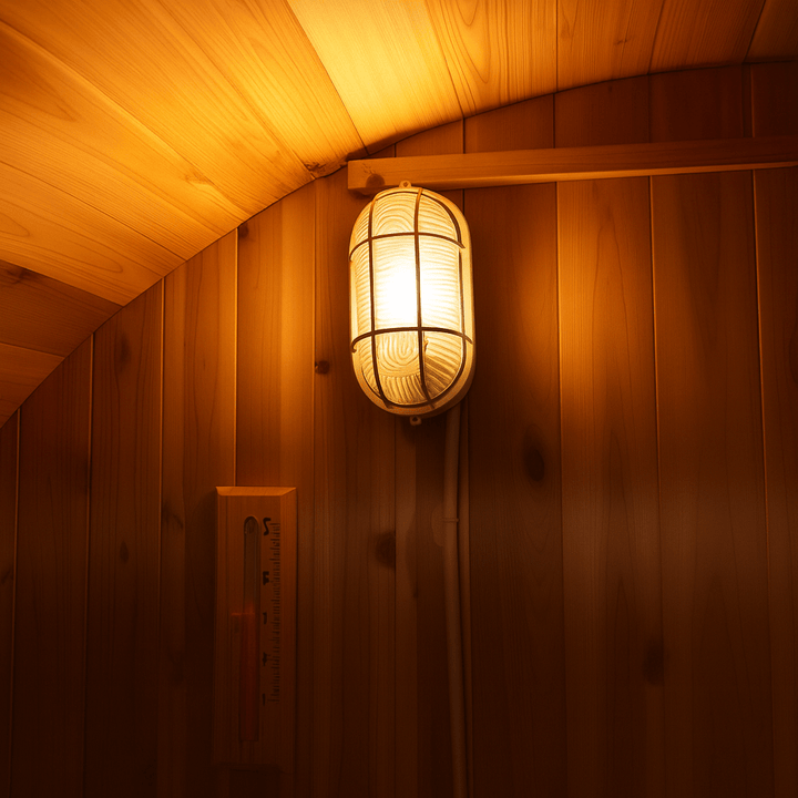 Cozy interior of a SunRay 4-person barrel sauna featuring warm lighting and natural wood design