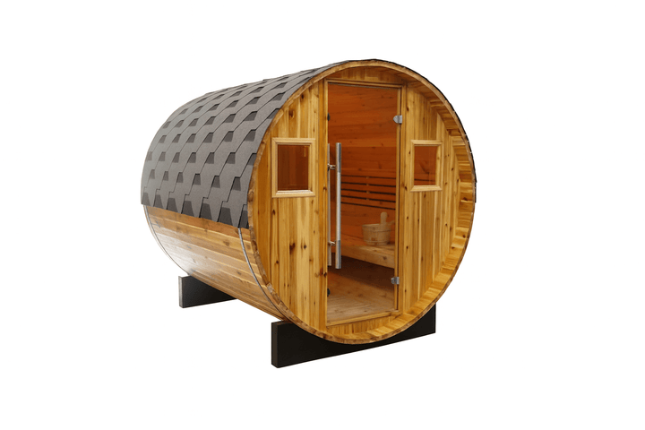 SunRay 4-person barrel sauna made of natural wood with a distinctive rounded design and double doors