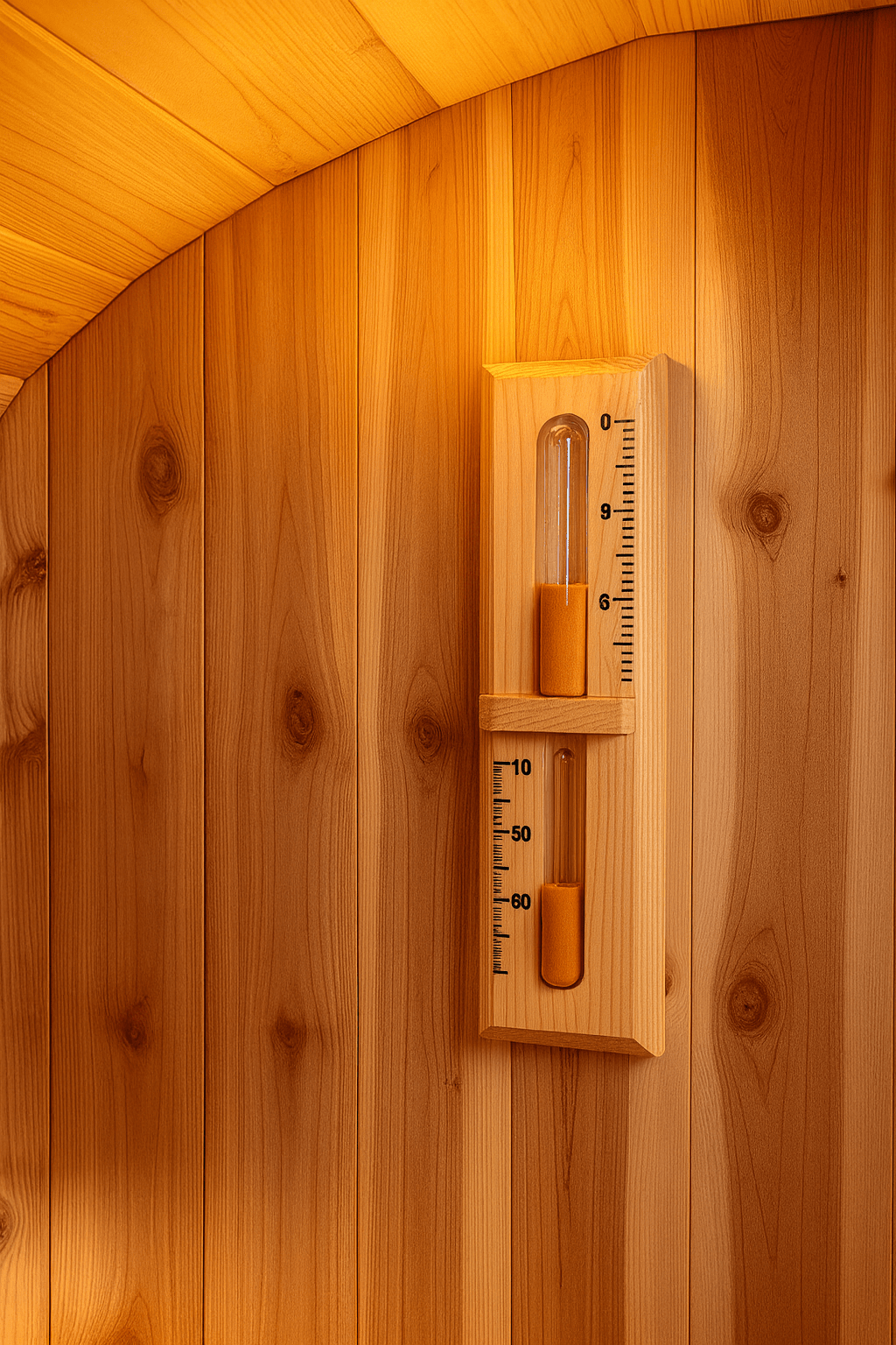 Interior of a SunRay 4-person barrel sauna with a wooden thermometer and hygrometer on the wall
