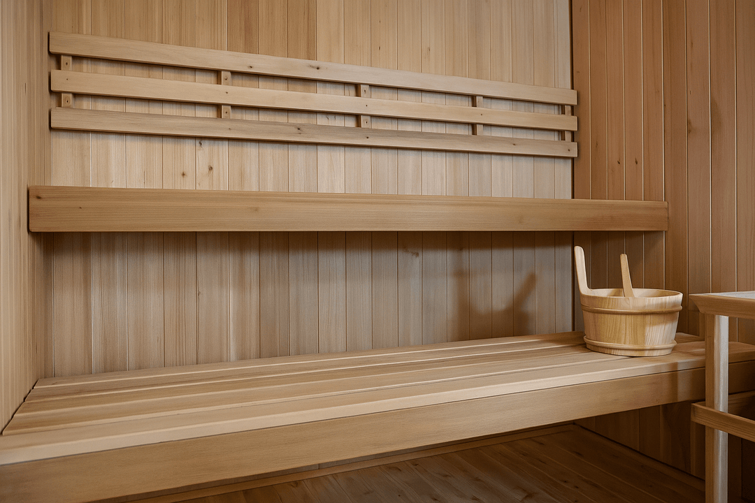 Interior view of SunRay 4-person indoor sauna featuring wooden benches and a traditional cedar bucket