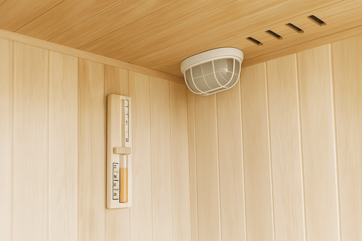 Interior view of SunRay 4-person indoor sauna with wooden paneling and a ceiling light