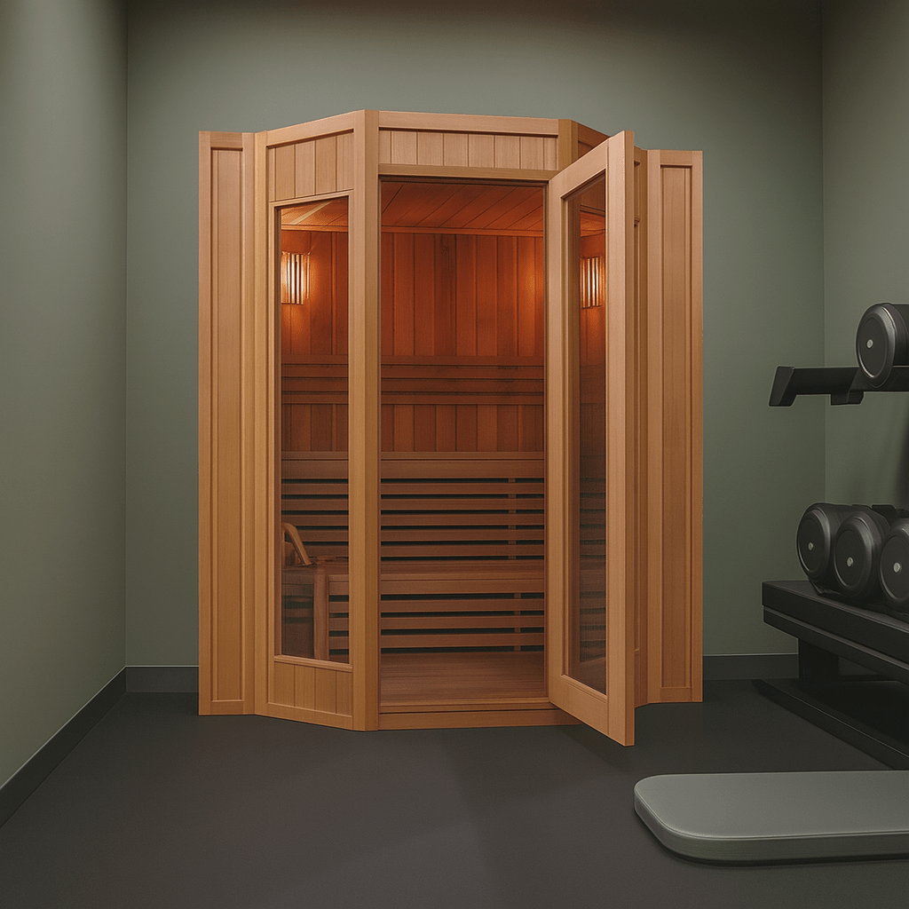 SunRay 4-person indoor sauna with a wooden design and spacious interior for relaxing wellness sessions