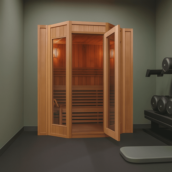 SunRay 4-person indoor sauna with a wooden design and spacious interior for relaxing wellness sessions