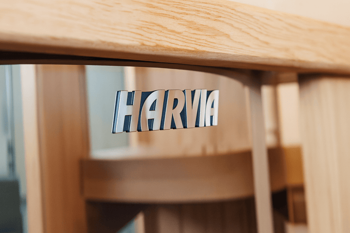 SunRay 4-person indoor sauna featuring a sleek design and premium Harvia branding