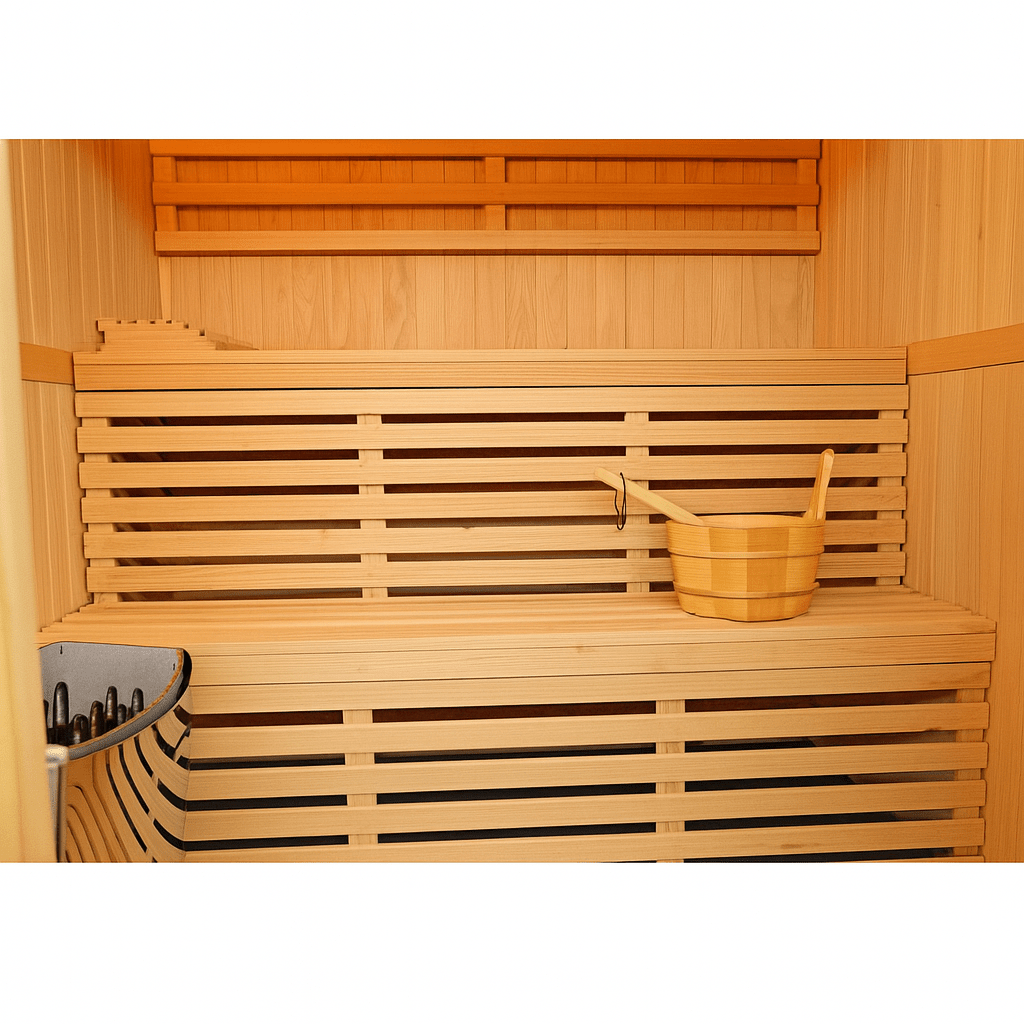 Cozy SunRay 4-person indoor sauna interior with wooden benches and a traditional sauna bucket