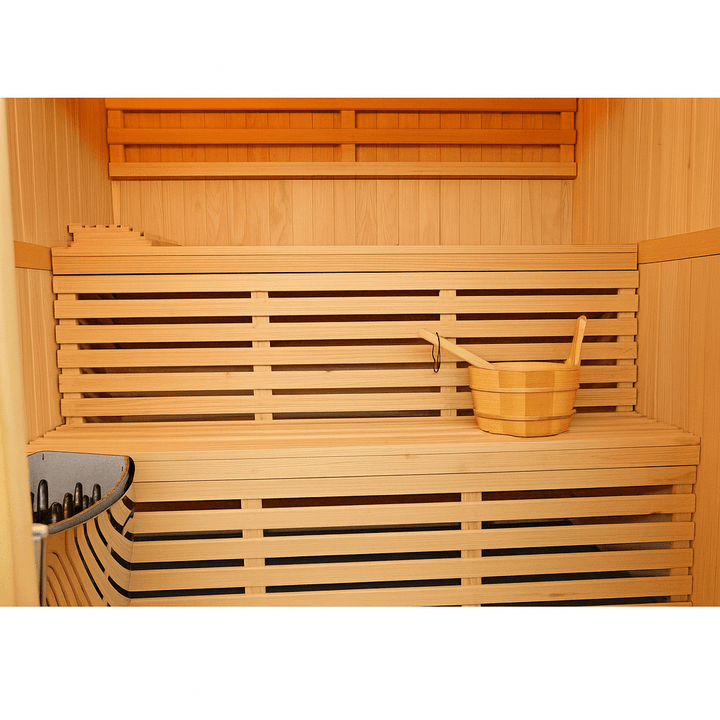 Cozy SunRay 4-person indoor sauna interior with wooden benches and a traditional sauna bucket