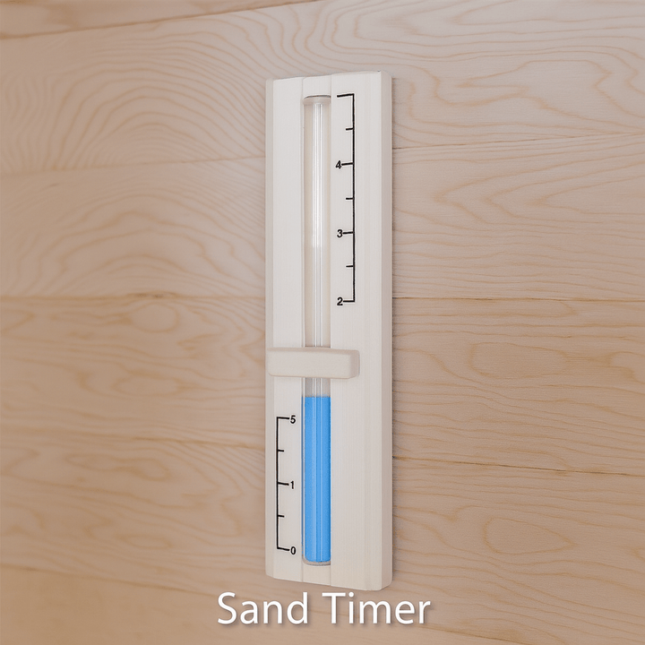 Sand timer mounted on wall for 4-person indoor sauna, used to time sauna sessions