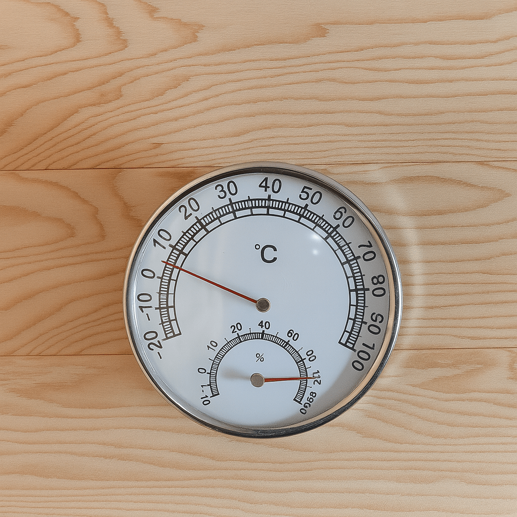 Thermometer in SunRay 4-person indoor sauna displaying temperature and humidity levels for optimal sauna experience