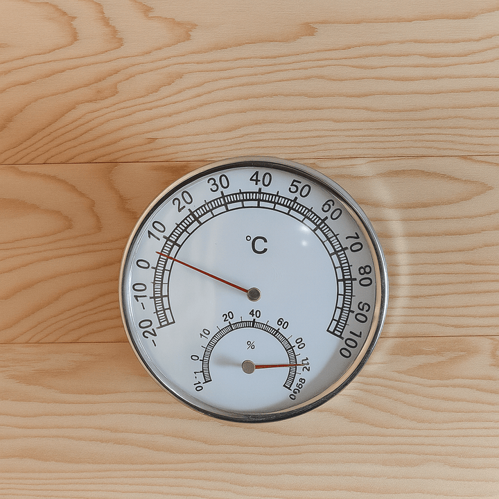 Thermometer in SunRay 4-person indoor sauna displaying temperature and humidity levels for optimal sauna experience