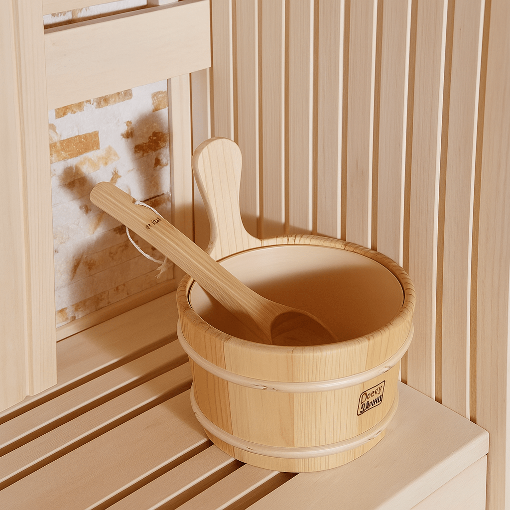 Wooden bucket and ladle inside a SunRay 4-person indoor sauna for relaxation and wellness