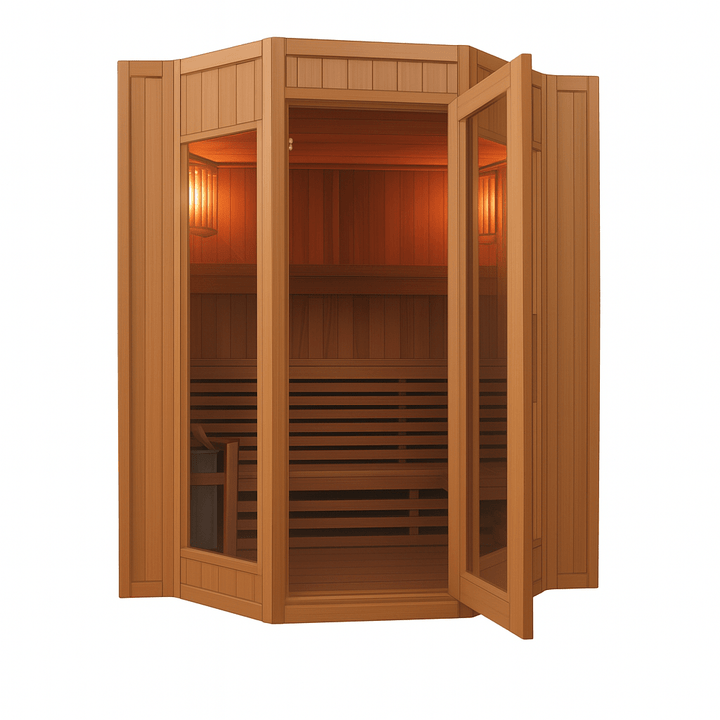SunRay 4-person indoor sauna with wooden panels and inviting interior lighting