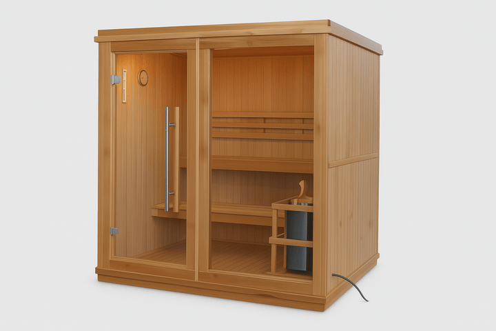 SunRay 4-person indoor sauna made of natural wood with seating and heater features