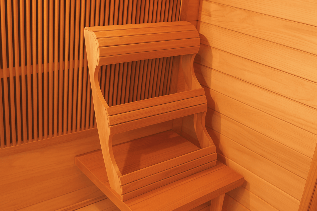 Interior view of SunRay 4-person infrared cedar sauna featuring wooden benches and sleek design.